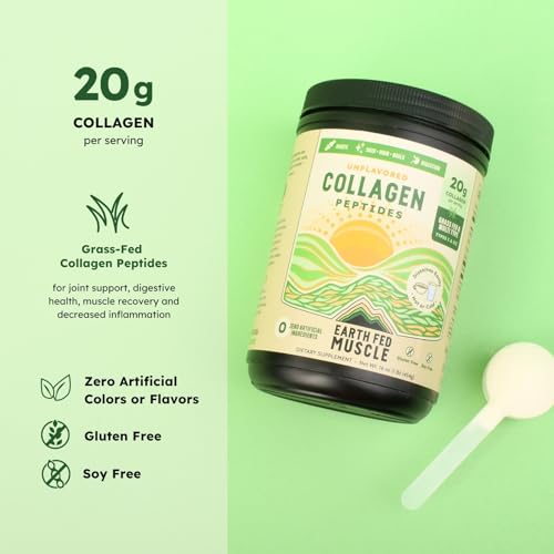 Image of Earth Fed Muscle Collagen Peptides, Third-Party Certified. 20g Protein, Unflavored - Grass Fed, Non-GMO, Hormone Free, Gluten Free - Multi-Type - 23 Servings