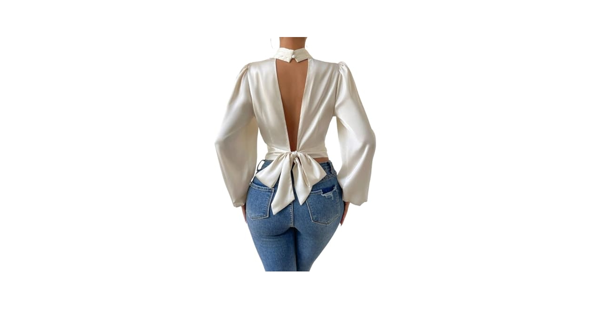 Womens Tops Tie Backless Lantern Sleeve Crop Blouse - Beige
