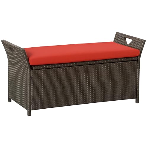 Outsunny 29 Gallon Patio Wicker Storage Bench, Outdoor PE Rattan Patio Furniture, 2-in-1 Large Capacity Rectangle Garden Storage Box with Handles and Cushion, Red