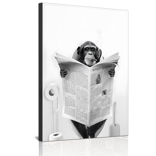 Cute Newspaper Animal Wall Art Black and White Canvas Printed Cabin Bathroom Decoration Bath Wall Picture Frameless Monkey 1 Piece 60 x 90 cm