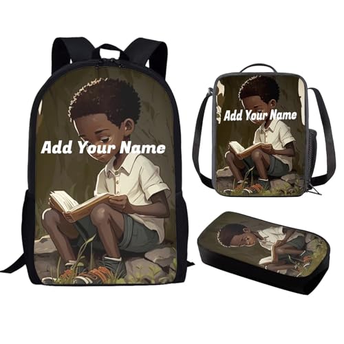African Custom Name Boys Backpack with Lunch Box Set Afro Personalized Bookbag Lunch Bag Kids 4-6/3-5 Book Bag Lunchbox Pencil Case