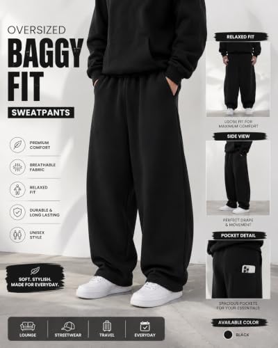 Image of 320 GSM Heavyweight Baggy Track Pants for Men | Oversized Fleece Sweatpants | Relaxed Fit Joggers with Deep Side Pockets | Winter Casual Lounge Wear | Elastic Waist with Drawstring