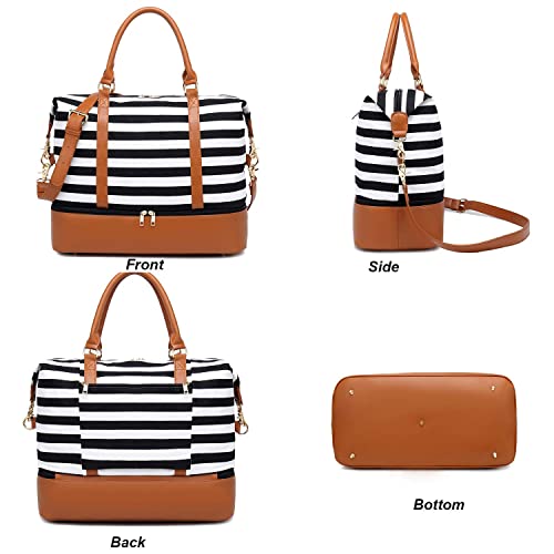 Womens Travel Weekend Bag Canvas Overnight Carry On Shoulder Duffel Beach Tote Bag (Black Stripe With Shoe Compartment) #TOP6
