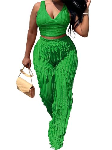 PRIVIMIX Women 2 Piece Outfits Sexy See Through Backless Top Ruffle Wide Leg Palazzo Pants Sheer Mesh Trousers Set