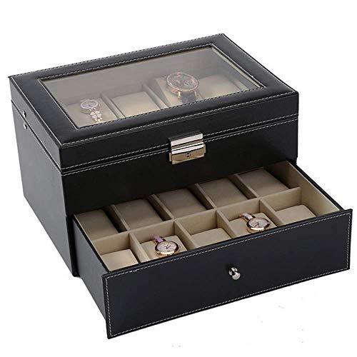 Caja de almacenamiento Reloj de 2 capas y joyas Con cerradura y cajón Armario de exhibición de gran capacidad Con cubierta de vidrio Material de PU, 20 almohadas desmontables regalo