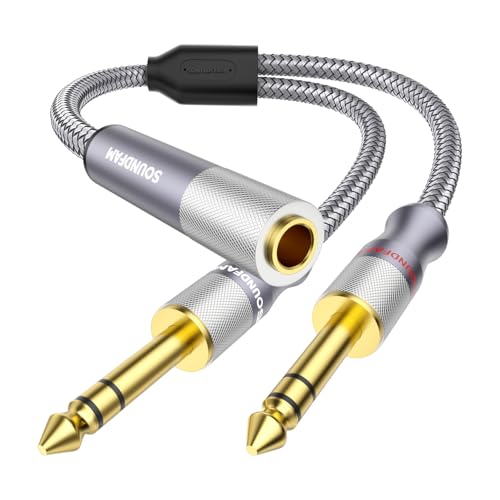 SOUNDFAM 1/4インチ スプリッターケーブル 2フィート/60cm、マイクスプリッター 1メスから2オス TRS 1/4インチ スプリッター 6.35mm ステレオメスピューグからデュアル6.35mmオス-グレー