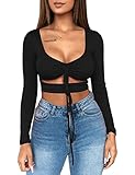 Mizoci Women's Sexy Ruched Tie Up Crop Top Basic Long Sleeve Cut Out T Shirt,Medium,Black