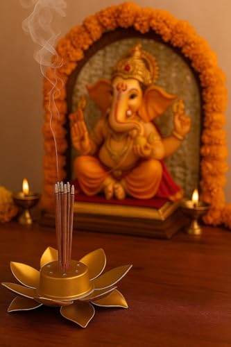Image of SATYAM KRAFT 1 Pcs Lotus Flower Design Agarbatti Stand Incense Holder Ash Catcher Metal for Wedding Decorations Setup, Mandir, Pooja, Wedding & Spiritual Events, Insence Burner (Golden)