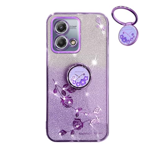 Cover Glitter per Motorola Edge 40 Neo 5G Trasparente Bling Brillantini Custodia Ultra Sottile Molle Antiurto Fiori Anello Supporto Case. donna silicone tpu viola