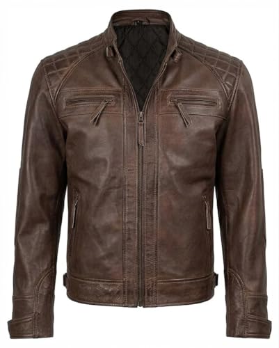 Image of Mens Vintage Retro Biker Cafe Racer Jackets - Diamond Quilted Style Genuine Leather Motorcycle Jacket