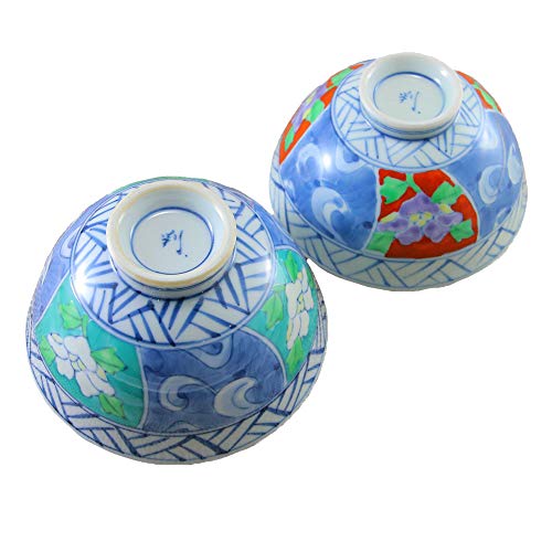 夫婦茶碗 有田焼 伊万里焼 割牡丹茶碗(大緑・小赤) ペア 2個入り 花柄 牡丹 ギフト 和柄 古典柄|和食器 陶器 三階菱