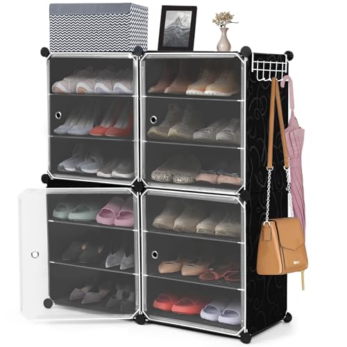 Image of ABOUT SPACE Plastic Shoe with Hanger & Door for Home - Portable,Expandable 3 Cube Shoe for Boots,Heels - DIY 12 Pair Flipflop,Slipper for Women,Men,Outdoor (Black) 300 x 400 x 900 mm
