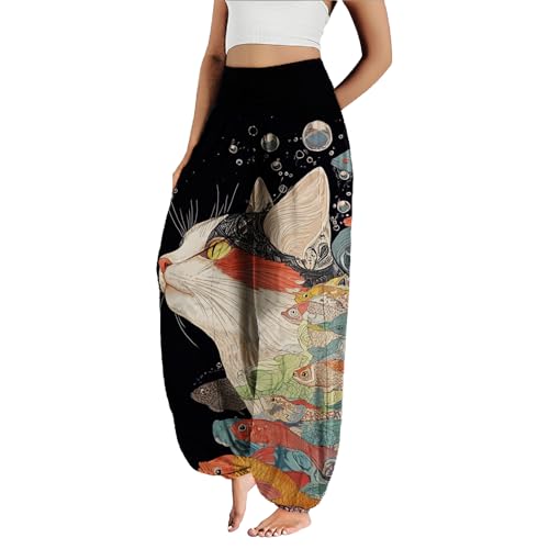 MARSVOVO Harem Pants Women Novelty Print Art Style Wide Leg Plus Size High Weist Flowy Japanese Pants