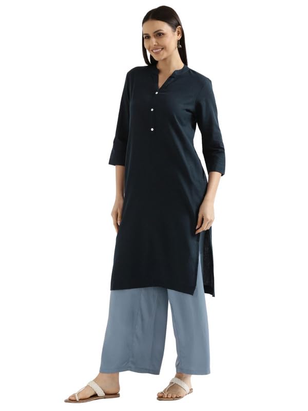Image of SAADAA Women's Linen Blend Long Kurta with Viscose Palazzo Set | Straight Fit Kurta with Wide Leg Palazzo | Solid Ethnic Co-ord Set for Office & Casual Wear