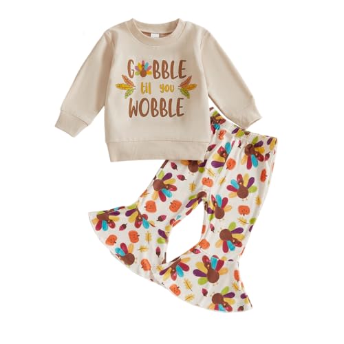 Toddler Baby Girl Thanksgiving Outfit Gobble Till You Wobble Sweatshirt Turkey Flared Pants Set Fall Clothes