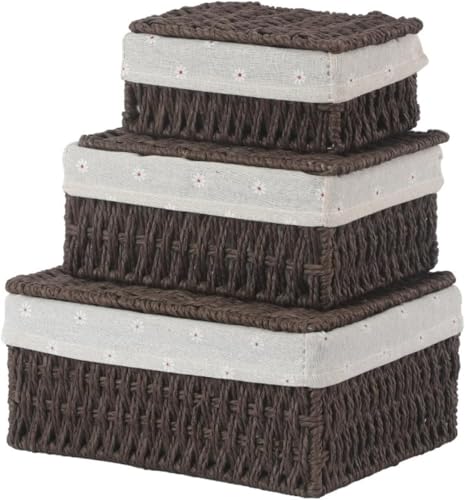 SENKAR 蓋付き収納バスケット 3点セット 小物収納ケース おしゃれ リビング 卓上 トイレットペーパー入れ トイレ用 ブラウン ベージュ 整理用品 事務用品 (3点セット,コーヒー色)