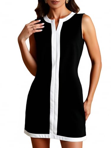 Women's Color Block Mini Dress Summer Notch V Neck Elegant Work Office Dresses