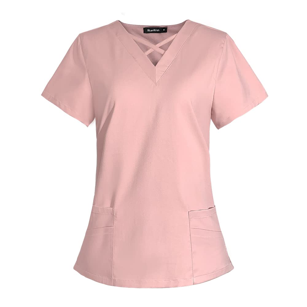 niaahinn Women Scrubs Top Workwear New Design Stretch V-Neck Professionals Medical Uniforms with Pocket (Pink,M,Medium)