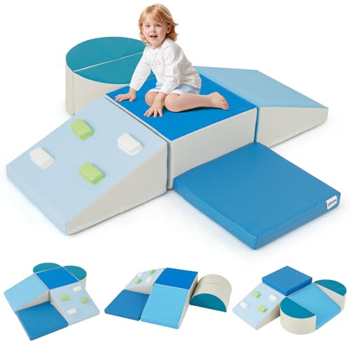 COSTWAY Juego de 6 Bloques de Espuma para Niños, Set de Escalada Suave Ligero para Interior Infantil para Escalar, Juego de Trepar y Gatear, Regalo para Bebés y Niños de 1+ Años (Azul)