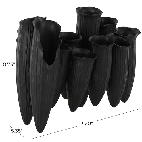 Image of Deco 79 Ceramic Abstract Decorative Vase Floral Inspired 10 Openings Centerpiece Vase with Linear Grooves, Flower Vase for Home Decoration 13 inch x 5 inch x 11 inch, Black