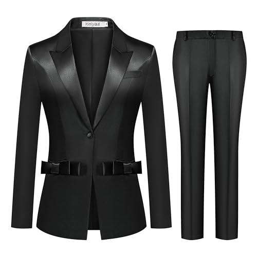 Women's 2 Piece Satin Suit Double Side Bows One Button Peaked Lapel Outfits Party Wedding Blazer Jackets and Pants Set