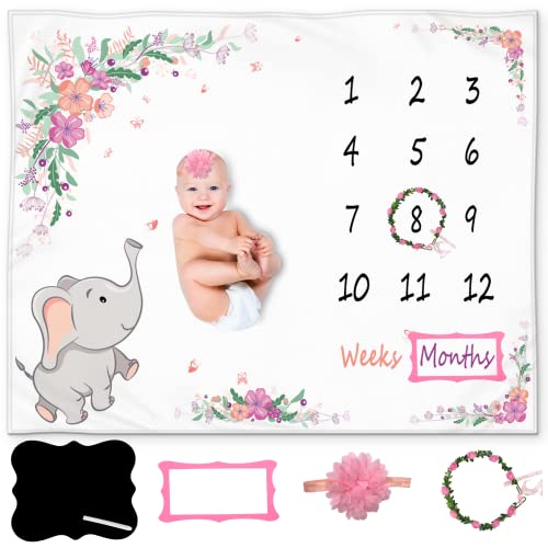 Kemina Blankets Baby Monthly Milestone Blanket For Baby Girl, Elephant Month Blanket For Girl, Floral Wreath, Headband And Personalized Board Included, Girl Nursery Decor Baby Milestone Blanket, 50X40 #TOP6