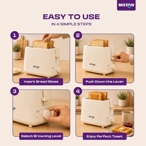 Image of Milton Bread Toaster 2 Slice Auto Pop Up | 7 Level Heating Modes 750 Watts| Auto Shut Off | Removable Crumb Tray | Matt White