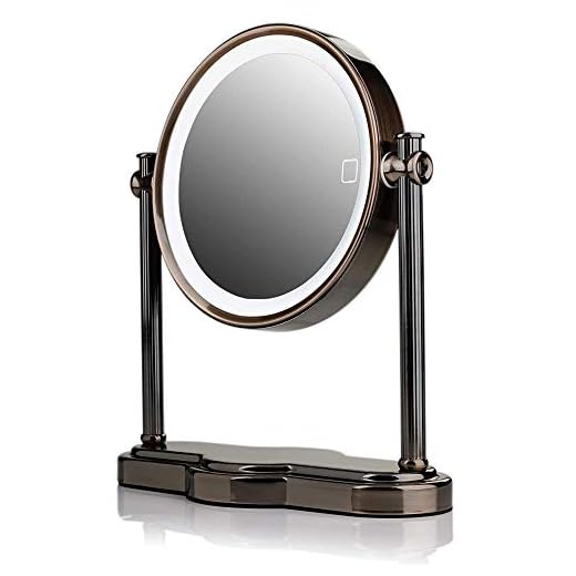 Ovente Lighted Table Top Makeup Mirror 8 Inch 1X 5X Magnifying 360° Double Sided Smart Touch 3 Tone LED Auto Shut Off Timer Battery USB Adapter Operated Desk Circular Large Antique Brass MHT80AB1X5X