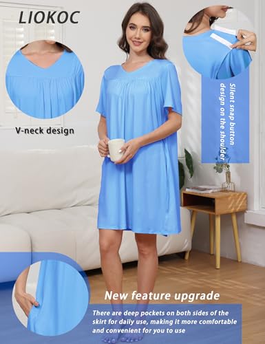 Image of Hospital Gowns for Women Open Back Tear Away Snap Post shoulder Dress Short Sleeve Soft Adaptive Clothing with Pockets