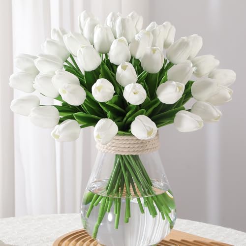 Image of White Fake Tulips Artificial Flowers - 24 Pcs Artificial Silk White Tulips Faux Flowers with Stems for Home Wedding Hotel Office Centerpiece Decor Easter Decorations