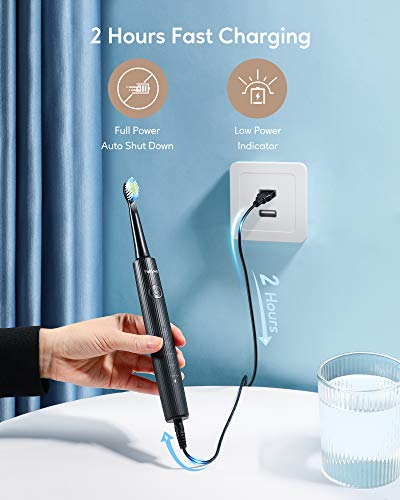 Gloridea Electric Toothbrush For Adults And Teens , 7 Brush Heads Tongue Scraper Timer Ipx7 Waterproof 5 Modes 40,000 Vpm , 2Hrs Charge For 30 Days Using , Black Rechargeable Sonic Toothbrush #TOP4