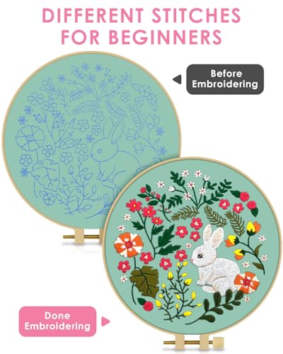 Image of TINDTOP Embroidery Kit for Beginners Adult, Rabbit Embroidery Kit | Include Embroidery Cloth Hoops Threads for Craft Lover Hand Stitch with Embroidery Skill Techniques