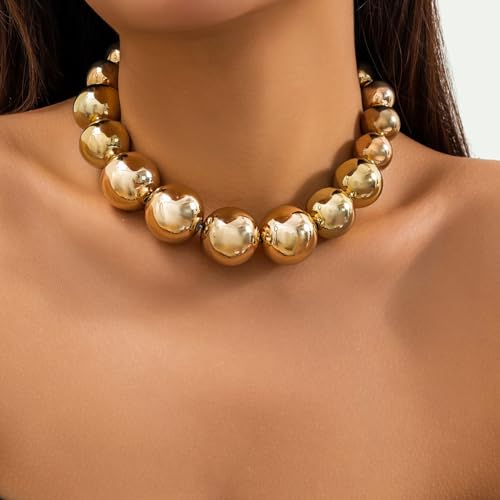 CJIAYUJEW Chunky Gold Necklace for Women - Big Silver Statement Beaded Necklace, Thick Bold Ball Choker2