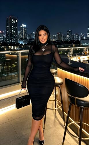 Image of MOEENCN Women's Sexy Long Sleeve Sheer Mesh Midi Bodycon Dress 2 Piece Set