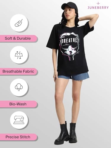 Image of JUNEBERRY Pure Cotton Round Neck Half Sleeve Oversized Baggy Fit Drop Shoulder Front Printed T-Shirt for Women