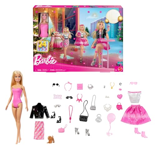 Barbie-Puppe Adventskalender mit 24 Kleidungsstücken und Accessoires, einschließlich Jacke, Rock, Schuhe, Handtaschen sowie EIN Hündchen und eine Blonde Puppe, JFL63
