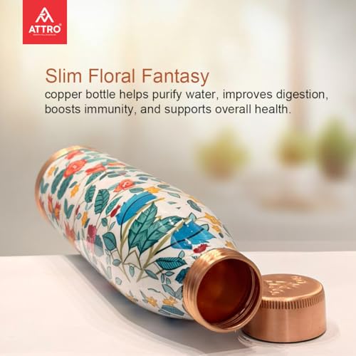 Image of ATTRO Slim Copper Bottle Design Boosts Immunity Leakproof & Lightweight |Anti-Bacterial, BPA Free with Secure Cap for School, Travel, Gym & Work 1000ml Floral Fantasy