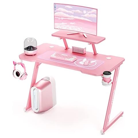 Intimate WM Heart Gaming Desk, 110cm Large Ergonomic Gaming Computer Desk, Carbon Fiber Table Top, E-Sports Desk with Adjustable Monitor Shelf, Rotatable Earphone, Cup Holders (Pink) Cover