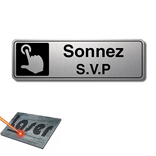 Plaque Gravée Autocollante 13X4 cm Sonnez Svp Fond Alu Brossé