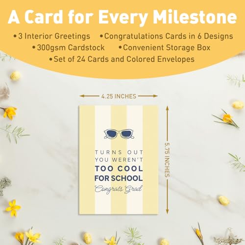 Image of Sweetzer & Orange Modern Graduation Cards - Set Of 24 4.25x5.75 inch Grad Cards With Envelopes & Storage Box - 6 Assorted Modern Designs With Interior Greetings For Graduation Gifts