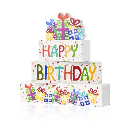 Smile Birthday Wooden Decorations Wooden Sign Blocks Colorful Happy Birthday Tiered Tray Centerpieces Rustic Tabletop for Home Office Farmhouse Desk Shelf Mantel Party Decor