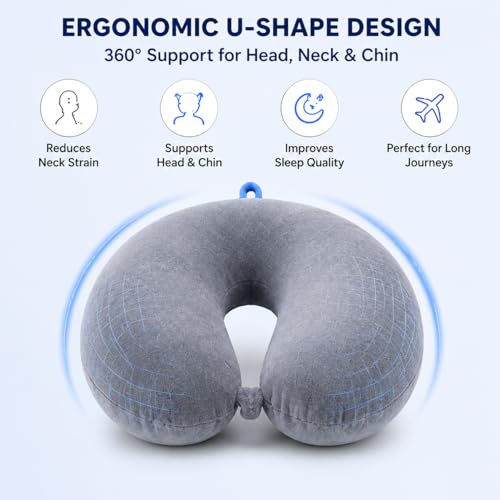 Image of Restify Premium Memory Foam Travel Neck Pillow | Soft Velvet U Shape Neck Support Cushion for Flight, Airplane, Car & Office Travel | Portable Pillow for Men & Women | Grey