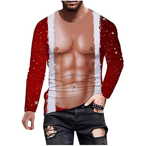 Christmas T-shirts for Men HJHGJ Patchwork Muscle Printed Long Sleeve O-Neck Tops Slim-fit Tight Autumn Winter Lightweight Thin Undershirts Novlety Fashion Funny Casual Daily Soft Blouses Cover