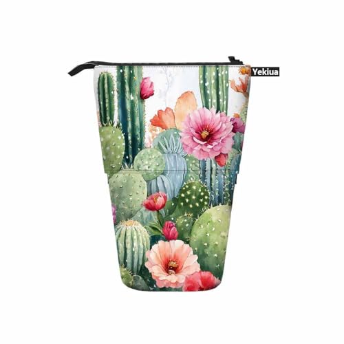 Image of Swono Cactus Floral Pencil Case Bright Tropical Flowers Roses Cacti Watercolor Standing Pencil Case Pencil Holder Pencil Pouch Cosmetics Pouch Makeup Office Bag Colorful