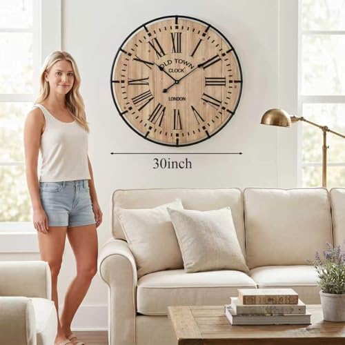 Image of EMAX HOME 30 Inch Rustic Wall Clock, Warm Light Oak Wood Look with Black Iron Frame, Silent Sweep Movement, Clear Roman Numerals and Tick Marks, for Fireplace Mantel, Hallway, or Dining Room.