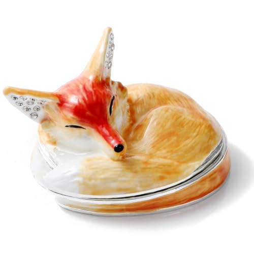 NIODAY Hand Painted Trinket Box Enamel Vintage Jewelry Box Sleeping Fox Hinged Metal Jewelry Organizer Decorative Treasure Box Unique Gifts for Animal Lover
