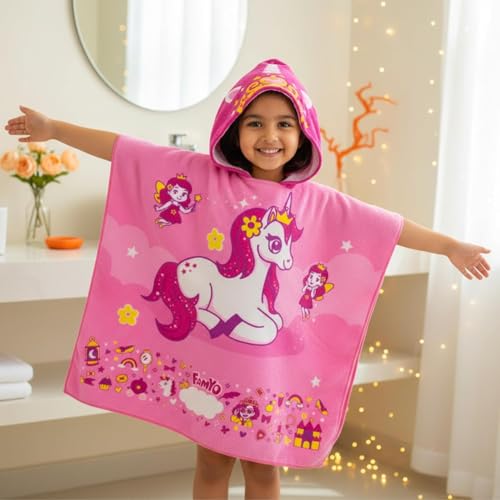 Image of Famyo Kids Hooded Poncho Towel and Microfiber Kids Bath Towels Combo for Boys & Girls | Ultra Soft Quick Dry Super Absorbent Beach, Bath & After Shower Towel | Baby Towel for Boys and Girls, Pink