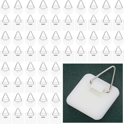 Image of 60 Pcs Adhesive Picture Hanger Wall Plate Holders Plastic Picture Hanging Hooks Vertical Sticky Photo Hooks Without Nails Plate Holder for Home Photo Frame Wall Art