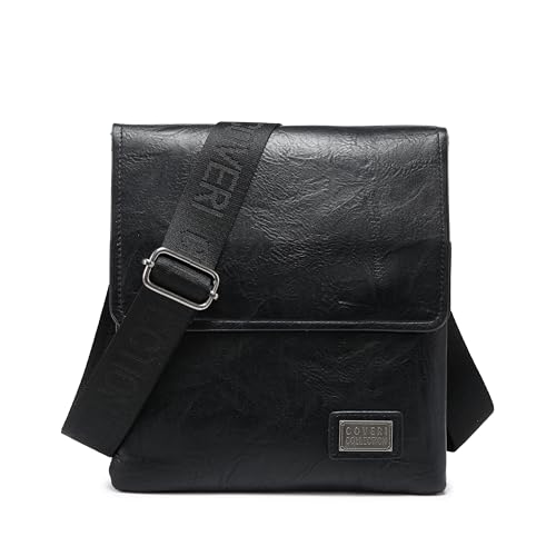 COVERI COLLECTION Bolso con solapa para hombre de piel sintética, doble compartimento, dimensiones 25 x 22 x 6 cm, correa personalizada, art. CC 5070-11, Negro , 25x22x6