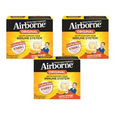 Airborne 1000mg Vitamin C with Zinc Effervescent Tablets, Immune Support Supplement with Powerful Antioxidants Vitamins A C & E - 30 Fizzy Drink Tablets, Zesty Orange Flavor (30 Count (Pack of 3)) Cover